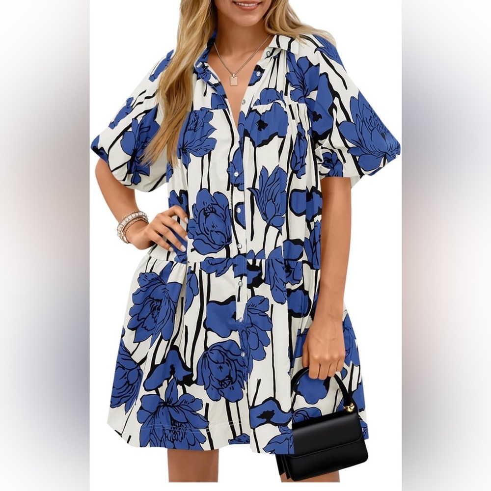 Wenrine Blue & White Dress Front Buttons Puff Short Sleeve NWT Size Large